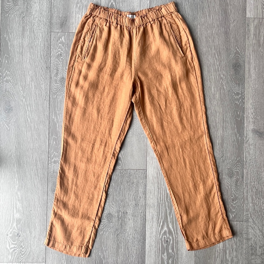 C&C California 100% Linen Pull-On Pants | Elastic Waist | Camel Tan | Size S